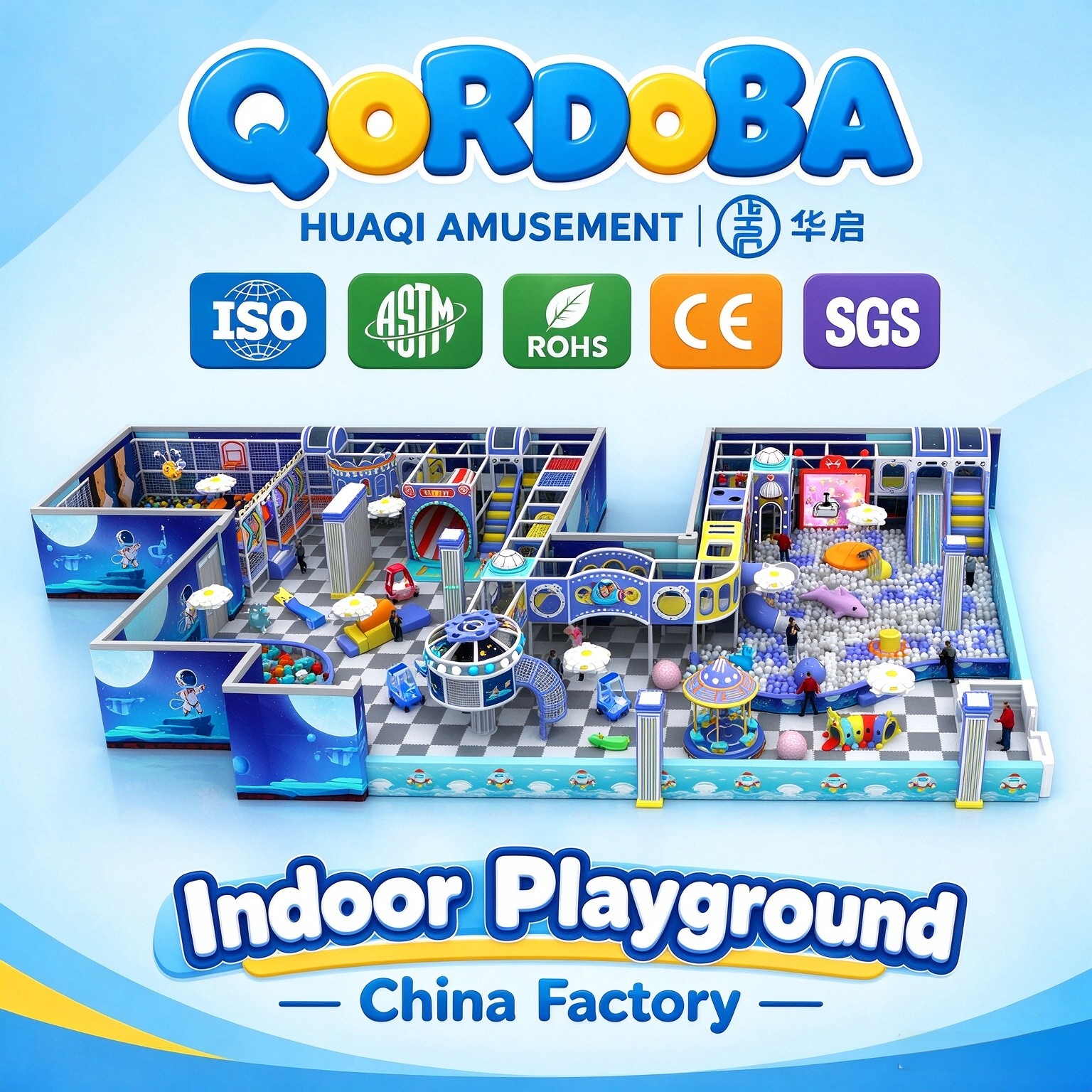Space-Themed Family Entertainment Center with Horn Slides and Trampolines for Indoor Playground